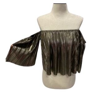 Pleated Metallic Cropped  Party Top  Cold Shoulder bronze metallic. Whimsy goth